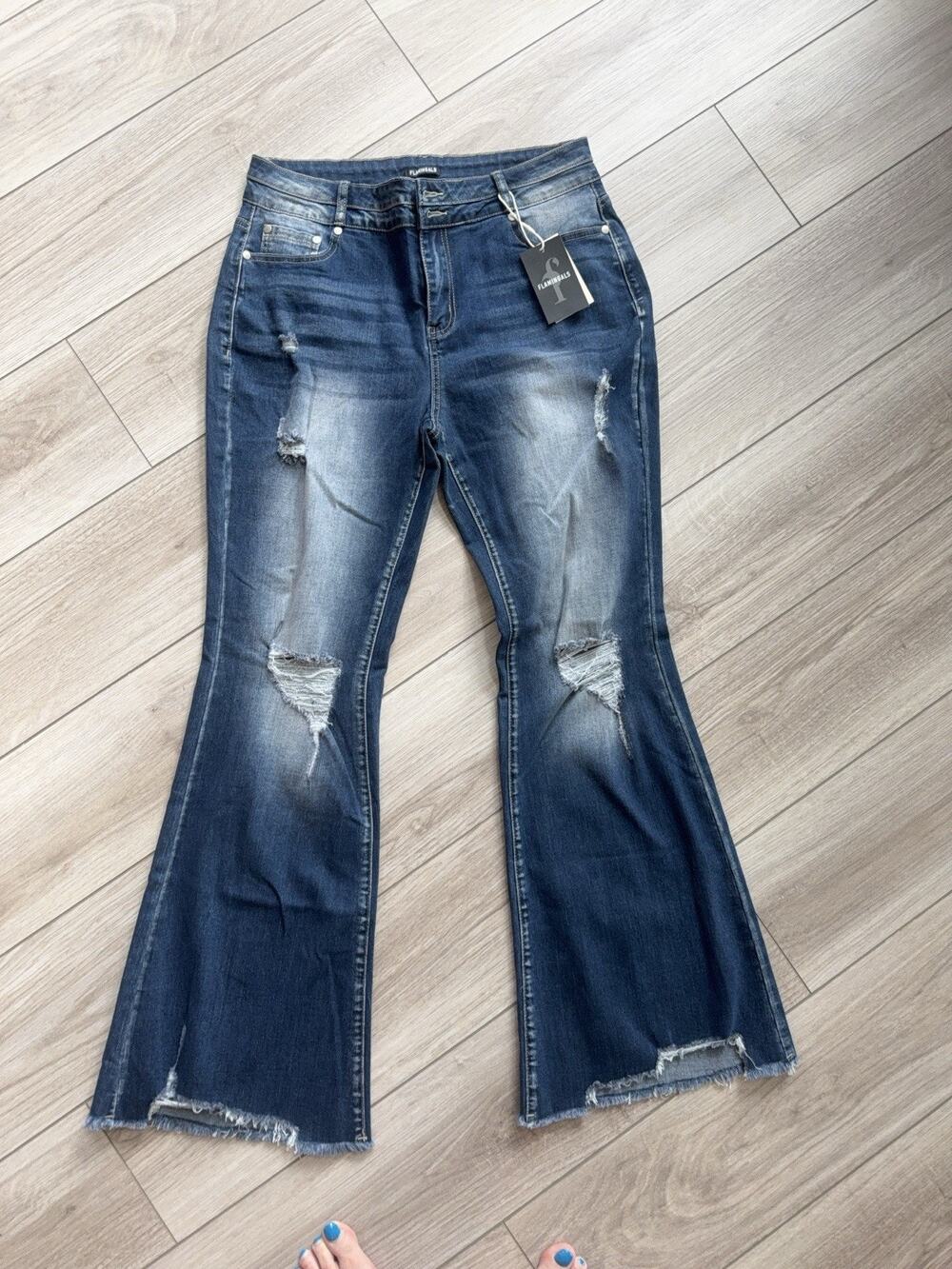 Flamingals Distressed Flare Jeans Women Ripped Bell Bottom Frayed Raw Hem NWT XL